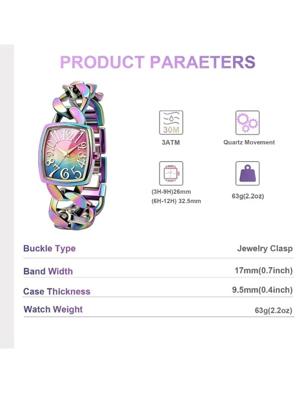 Women's Rainbow Metal Chain Bracelet Small Wrist Square Face Analog Watch